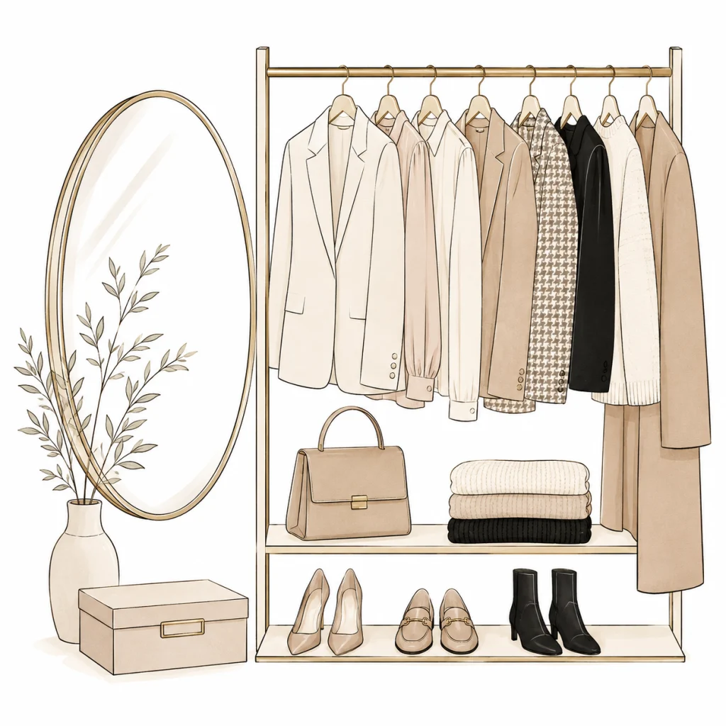 Illustratie van een kledingrek met kleding in rustige tinten